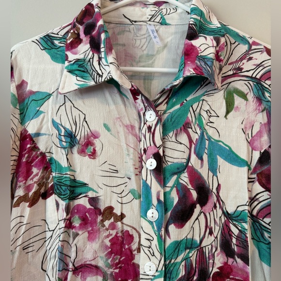 Blue Sky Floral Bamboo/Linen Fair Trade Button Down Flowy Blouse Size L - Picture 5 of 6
